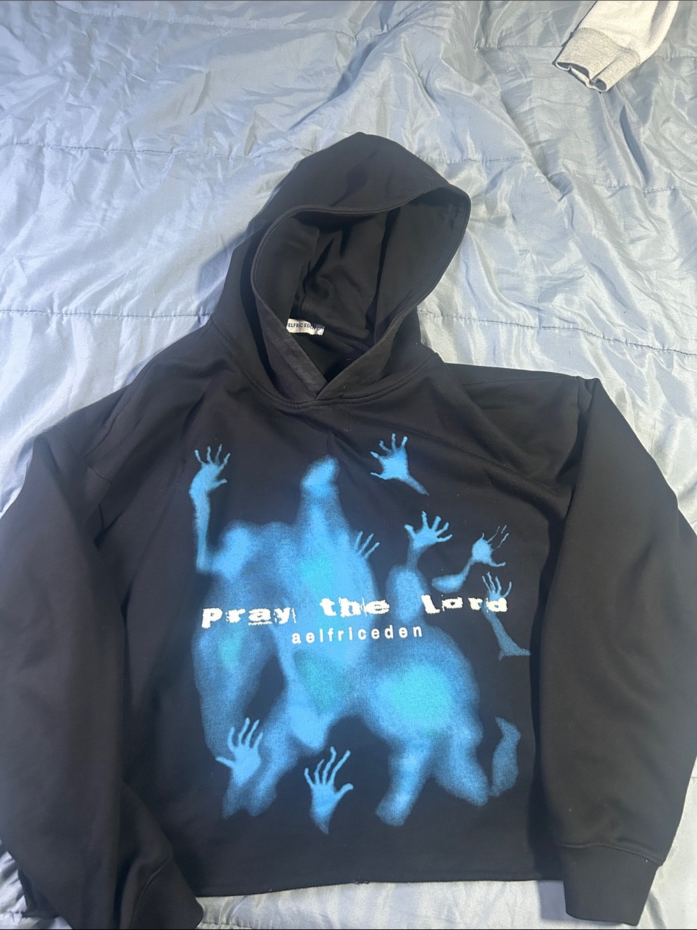 Black Cropped Hoodie Sweatshirt with Blue Graphic Print